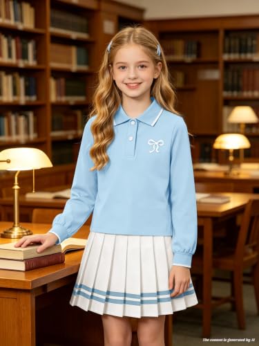 Image of Betusline Girls Skirt Set Long Sleeve Polo & Pleated Skirt, 4-14Y