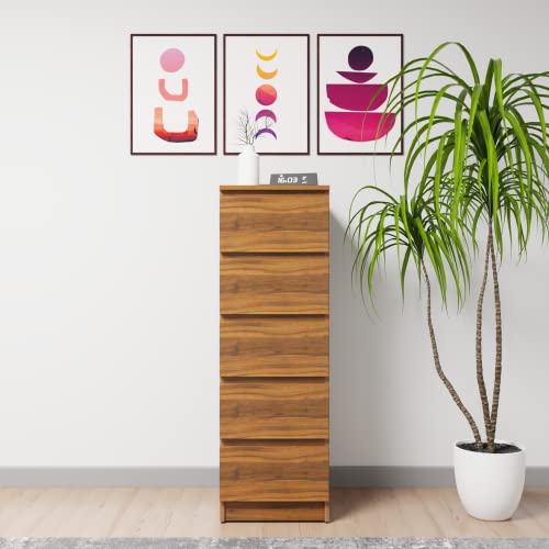 Image of VIKI Dresser with 5 Drawers, Chest of 5 Drawers,Clothes Storage, Organizer Unit for Bedroom, Hallway, Entryway,Easy Pull Drawers, Width 40cms, Brussel Walnut Colour | 1 Year Warranty