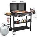 Propane Gas Griddle Charcoal Grill Combo Flat Top Griddle W/Dual Lids & 2 Side Shelves Dual Fuel BBQ Grill for Outdoor Barbecue