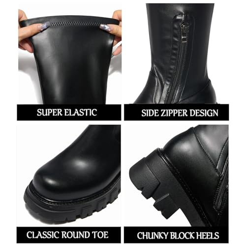 CouieCuies Women's Knee High Boots Black Tall Boot Lug Sole Shoes Stretch Below the Knee Comfortable Thick Sole Dressy Half Zipper2