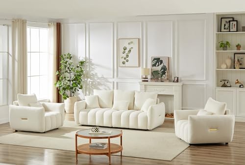 Image of Antetek Set of 3 Teddy Fabric Sofa for Living Room, Modern 2 Units Deep Seat Sofa Chairs and an Oversized 3-Seater Cloud Boucle Couch for Bedroom, Office, Apartment, Furniture Set, Beige (3 Pieces)