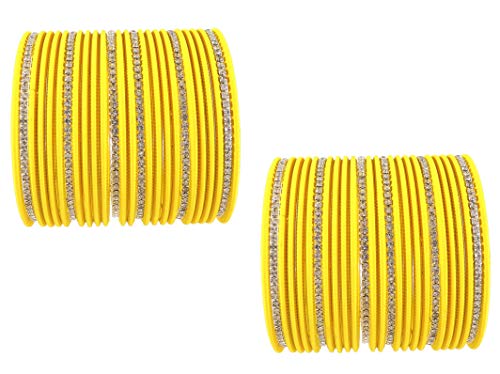 ZULKA Non-Precious Metal Base Metal with Zircon Gemstone Studded worked and Cutting Shaped Glossy Finished Bangle Set For Women and Girls, (Yellow1_2.8 Inches), Pack Of 52 Bangle Set Deal