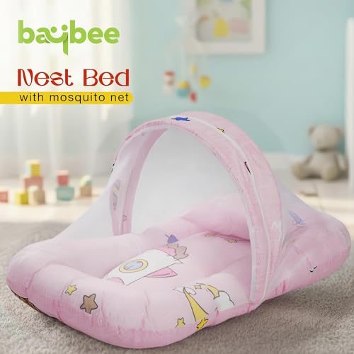 Image of BAYBEE 3 in 1 Baby Bedding Set with New Born Mosquito Net, Bed Mattress & Neck Pillow, Foldable Portable Nest Travel Bed, Baby Gift for Boy Girl (Lite Pink)