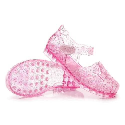 Girls Sandals Flats for Toddler Jelly Shoes Clear T-Strap Slingback Kids Glitter Jellies Princess Dress Slides Soft Retro Summer Beach Closed Toe3