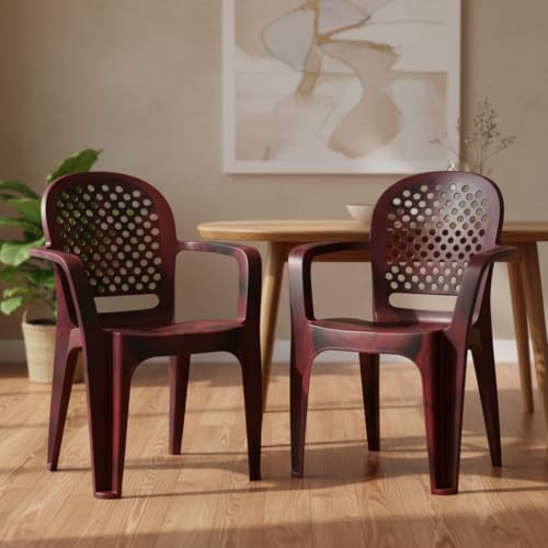 Image of Cello Crystal Armrest Plastic Chair with Matt Finish | Chairs for Home, Garden, Living Room Indoor and Outdoor Use (Colour: Rosewood, Set of 2)