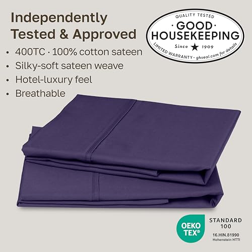 Image of California Design Den King Size Pillowcase Set - 400 Thread Count, 100% Cotton Sateen, Set of 2 Pillow Covers, Soft and Breathable - Dark Purple