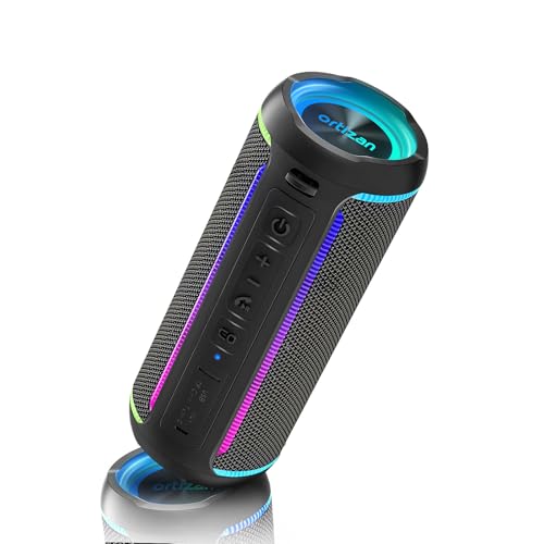 Ortizan Bluetooth Lautsprecher, Musikbox mit LED-Licht, Bluetooth 5.3, 30 Stunden Spielzeit, tragbare Lautsprecher mit 40 W verstärktem Bass, IPX7 wasserdichter für Partys und Outdoor-Aktivitäten