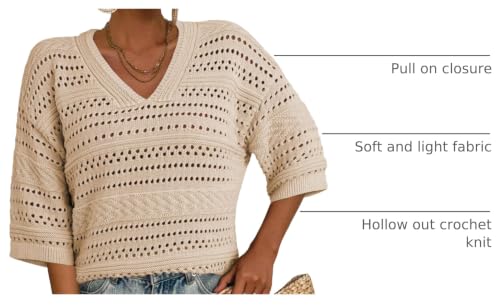 Image of Acelitt Crochet Tops for Women Summer Short Sleeve Sweater | Boho Striped Knit Top, 3 /4 Sleeve, Hollow Out Oversized Sweaters, Lightweight Blouses, Spring Fall Outfits for Beach Vacation