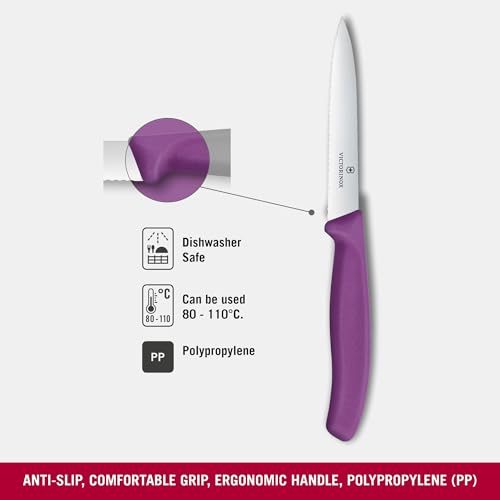 Image of Victorinox Swiss Made Stainless Steel Swiss Classic Paring Knife, 10 cm, Serrated Edge with Pointed Tip, Professional and Household Kitchen Tools, Kitchen Items, Purple, 6.7735.C1 | Multipurpose Knife