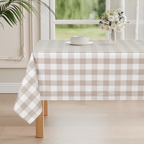 DWCN - Mantel rectangular a cuadros, tejido lavable, resistente a la intemperie, antimanchas, impermeable para exteriores, jardín, sala de estar, fiestas, bodas, beige y blanco, 110 x 140 cm