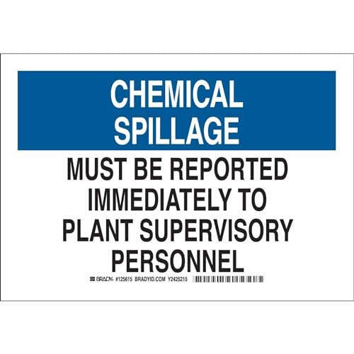 Brady 125616 Chemical Hazard Sign, Legend "Chemical Spillage Must Be Reported Immediately", 10" Height, 14" Width, Black and Blue on White