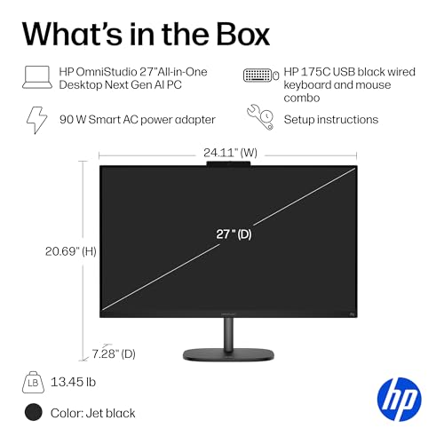 Image of HP OmniStudio 27 inch All-in-One Desktop Next Gen AI PC, FHD Display, AMD Ryzen AI 7 445, 16 GB RAM, 512 GB SSD, AMD Radeon 840M Graphics, Windows 11 Home, Jet Black, 27-cw0102 (2026)