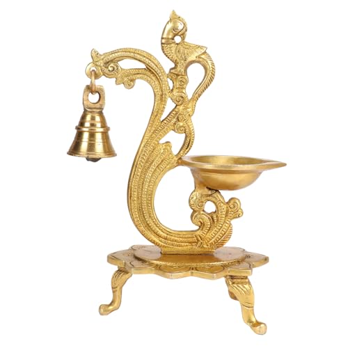 Kartique Brass Bell Diya for Puja Room Peacock-Theme Designer Deepak Deepam Lotus Stand Home Decor Decorative Showpiece Return House Warming Gifts