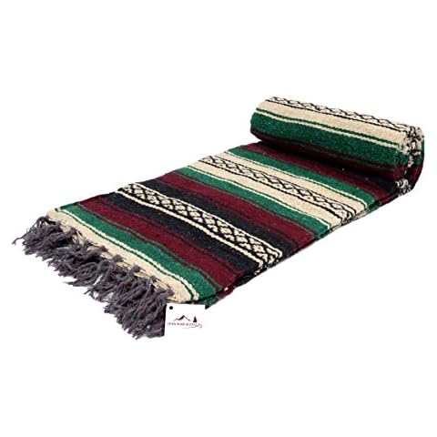 Open Road Goods Thick Mexican Blanket- Red/Maroon, and Green Tan/Brown Colors. Great as a Mexican Yoga Blanket, Beach Blanket, Picnic Blanket, or Throw Cover