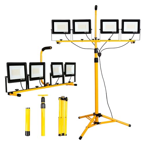 40000Lumen LED Work Lights with Stand - 4 Head Adjustable with Individual Switch - IP66 Waterproof Tripod Worklights for Outdoor Indoor Job Site Workshop Garage Construction Site Lighting