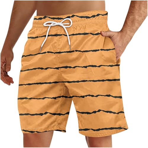 SMUXP Pantalones cortos de natación para hombre, diseño a rayas en contraste, cintura elástica, cordón y bolsillos, 1#naranja, S