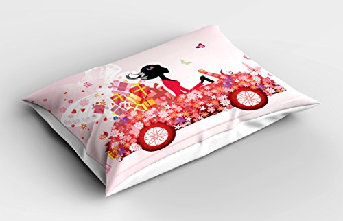 Ambesonne Cars Pillow Sham, Girl on a Car with Floral Present Boxes Butterflies Daisies Little Hearts, Decorative Standard King Size Printed Pillowcase, 36