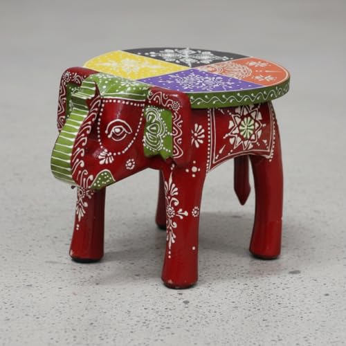 Image of Hand-Crafted and Emboss Colorful Painted Wooden Elephant Shape Stool for Home /Office /Living or Bedroom Decor,Decorative Showpiece (8 Inches Height, Maroon)