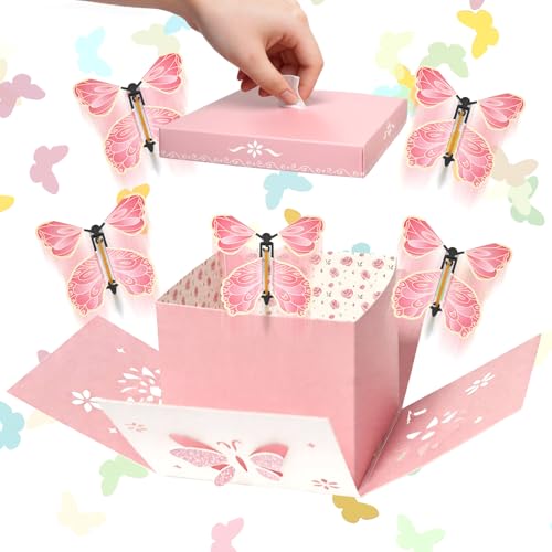 2026 Graduation Pink Hollow Explosion Gifts Box Surprise DIY Flying Butterfly Gift Box with Butterflies and Confetti Hollow Flower & Butterfly Pattern for Graduation Anniversary Wedding Birthday Party Decor & Surprise Gifts