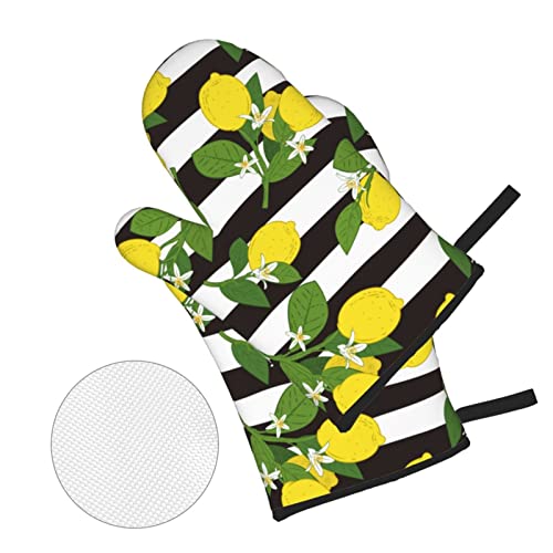 Lemon Oven Mitts And Pot Holders Sets Of 4 High Heat Resistant Green Floral Pattern Lemon Fruits Flowers Oven Mitts With Oven Gloves And Hot Pads Potholders For Kitchen Bbq Non-Slip Cooking Mitts #TOP2