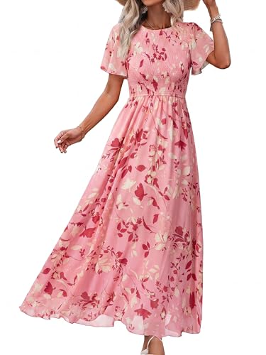Image of Simplee Womens Casual Floral Summer Maxi Dress 2026 Boho Flowy Short Sleeve Crew Neck Vacation Smocked Chiffon Dresses