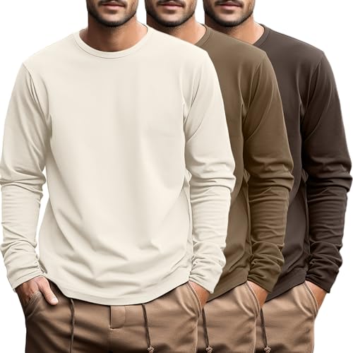 Ficerd 3 Pack Men’s Big and Tall Shirts Long Sleeve Cotton Tee Crew Neck Oversize Tops Casual Loose Fit Knitted T Shirts