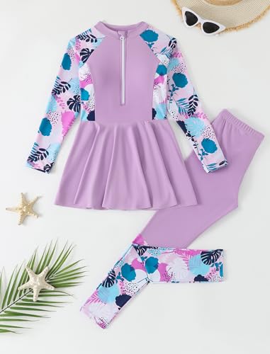 Image of FYMNSI Girls Modest Full Coverage Swimsuit Long Sleeve Rash Guard with Pants UPF 50+ Sun Protection Swimwear for Kids 5-14