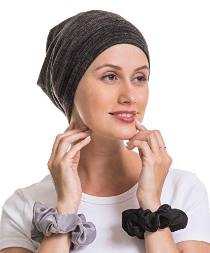 Slap Night Cap Sleep Hat Beanie - Black Women Organic Bamboo Satin Silk Lined Bonnet Surgical Cap Summer Scarf Hair Cover for Lady Lightweight Light Thin Jersey Chemo, Gifts for Women