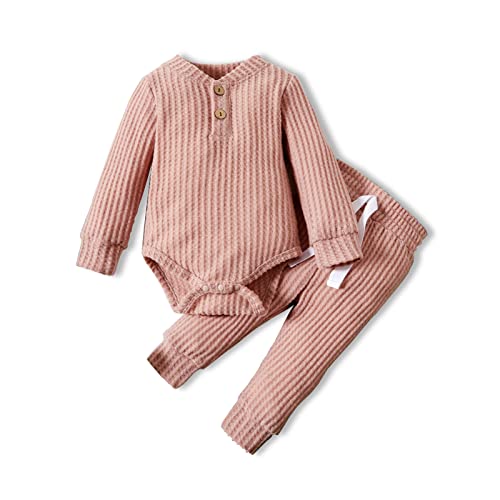 Image of Baby Clothes Newborn Infant Boy Girl Clothes Unisex Baby Outfits Waffle Romper and Pants Outfits Pink 0-3 Months