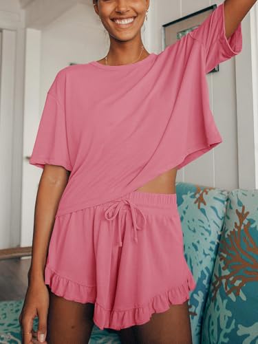 Image of Tankaneo Womens 2 Piece Shorts Set Summer Casual Short Sleeve T Shirts Drawstring Ruffle Shorts Pajamas Lounge Set