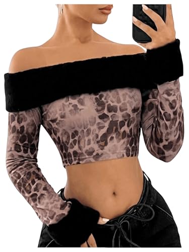 MakeMeChic Women's Fuzzy Leopard Print Off The Shoulder Tops Long