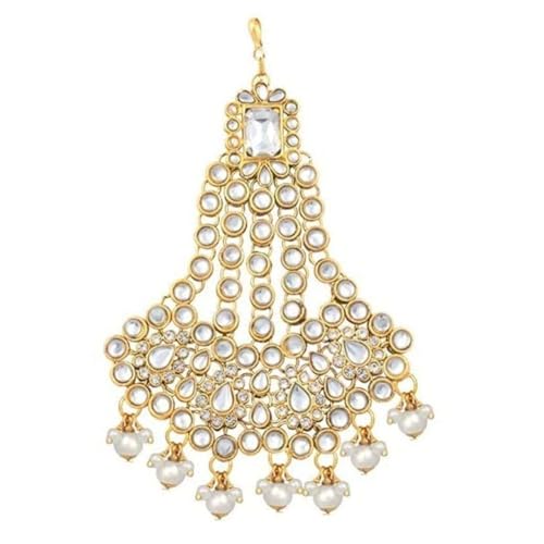 Image of I Jewels Gold Plated Mughal Beautiful Long Pearl Kundan Jhumar Passa /Jhoomar Maang Tikka for Women