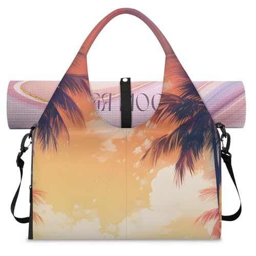 Yoga Tote Bag for Women Tall Palm Tree Beach Bag with Shoe Storage & Yoga Mat Strap Waterproof Weekender Duffle Bag for Travel Fitness Weekend Trips
