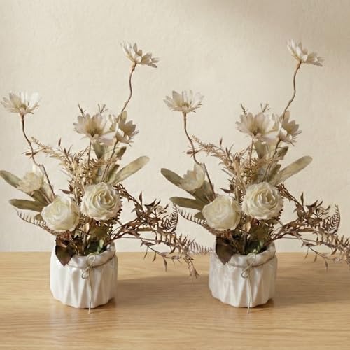 Image of Dekorly Artificial Lavender Plant in White Pot, 18cm - Realistic Faux Flower Arrangement for Home & Office Decor (Set of 1) (2, White Dry ROS)