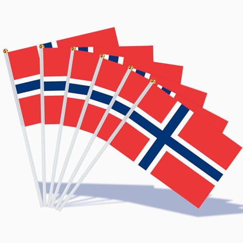 AhfuLife Peti Drapeau Norvège 21x14 cm – 15 Pièces Mini Drapeaux Norvégiens avec Mât Blanc, Décoration Intérieur/Extérieur pour Coupe du Monde, Fête Nationale du 17 Mai, Célébration Sportive