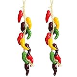 2Pcs Artificial Hanging Pepper String Fake Colorful Bell Peppers Skewers Simulation Faux Pepper Vegetable Garland Model Ornaments for Home Kitchen Farmhouse Party Wall Decorations Photography Props