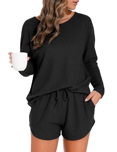 PrinStory Pyjama Set voor Vrouwen Wafel Gebreide Lounge Set Lange Mouw