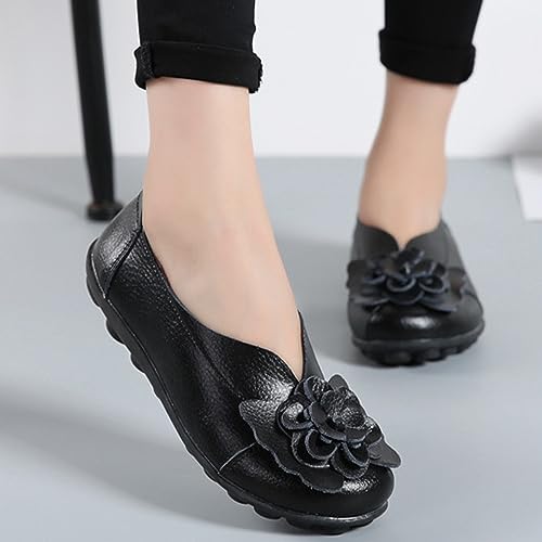 Women Concise Flower Flats Black Shoes,Leather Fashion Woman Flat with Flowers Ladies Casual Shoes, Round Toe Flowers Low Top Walking Slip On4