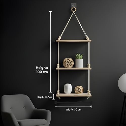 Image of 3Tier Hanging Shelf with Magic Hook, Use Decor Plants, Books, Decorative Gift Items Nursery Livingroom Wooden Beads & Ring Woven Bohemian Chic for Dorm