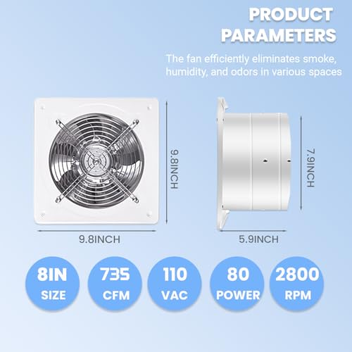 RLOZUI 8 inch Exhaust Fan, 735CFM Wall Mounted Vent Fans, Ventilation Blower for Ceiling Bathroom Attic Window Basement Ventilation Fan, 110V 80W