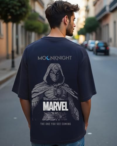 Image of Bewakoof Official Marvel Merchandise Moon Knight Men's Graphic Printed Oversized Fit Half Sleeve Round Neck Cotton Jersey T-Shirt