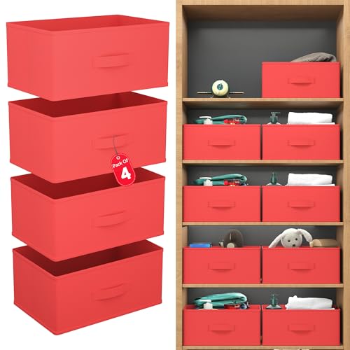 Kuber Industries 4 organizadores de armario no tejidos de 26 litros para almacenamiento, organizador de cajones, caja de almacenamiento multiusos para ropa, libros y juguetes, color rojo