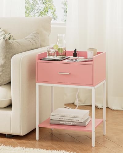 Image of Masupu Nightstand with Charging Station,3-Tier Modern Bedside Night Stand with Storage Drawer and Shelf,Small End Side Table for Bedroom,Living Room,Pink and White