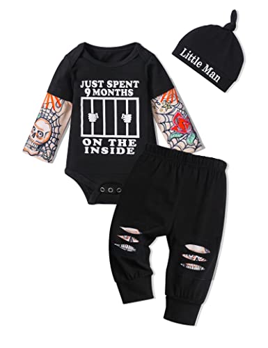 Image of Baby Boy Clothes Tattoo Sleeve Funny Romper Bodysuit+Pants 3PCS Infant Outfits Set
