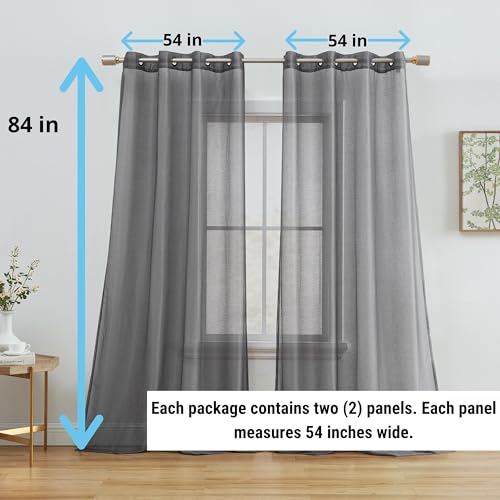 HLC.ME 2 Piece Semi Sheer Voile Window Curtain Grommet Panels for Bedroom & Living Room (54" W x 84" L, Charcoal Grey) - Image 2