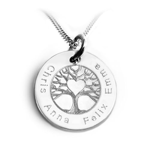 Personalisierte Familienkette, Lebensbaum mit Herz, Runder Anhänger mit Gravur, Kindernamen,...