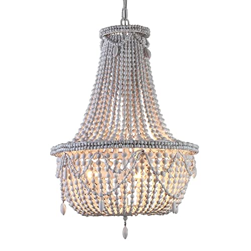 KunMai Farmhouse Distressed Wood Beaded Basket Chandelier White Pendant Three Lights Vintage Bedroom Bead Chandeliers