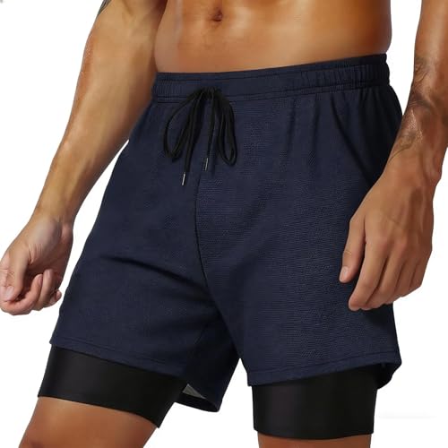 Pantalones cortos de gimnasio para hombre, para correr, atletismo, entrenamiento, 2 en 1, pantalones cortos transpirables de malla de secado rápido con bolsillo para teléfono, deportes, correr