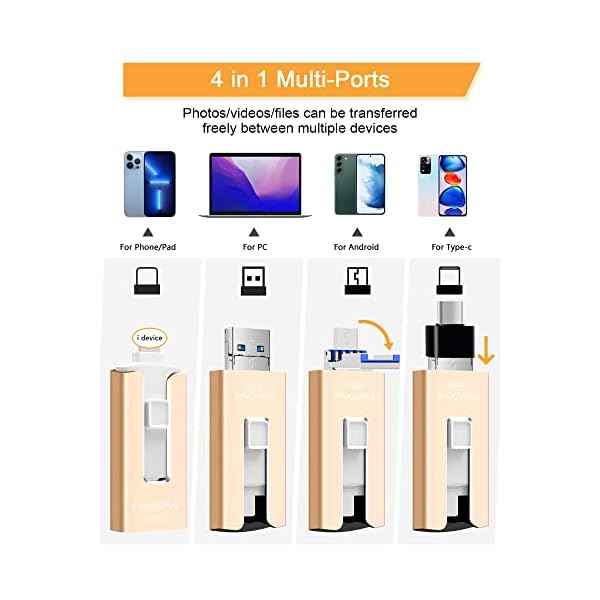 Sunany USB Flash Drive 256 GB for Phone and Pad, High Speed External Thumb Drives USB Memory Storage Photo Stick for Save More Photos and Videos (Gold) - Image 3