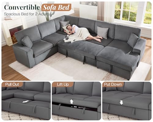 Jocisland 130\" Sofa Bed, Sleeper Sofa, Pull Out Sleeper Couch with Storage, Convertible 6-Seater Sofa Bed for Living Room, Corduroy Grey - Thumbnail 4